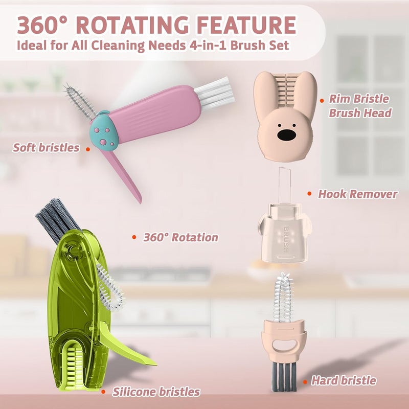 ANSOTHIN Cup Lid Cleaning Brush, Multifunctional Set with 3 in 1 Lid Cleaner and Two 4 in 1 Cup Lid Cleaning Brushes, Cleaning Brush Tool for Bottles, Straws, Tumblers, Travel Mug Caps, Portable Kit (Pink) - Image 2